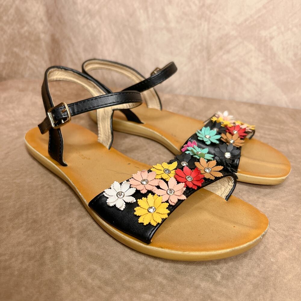 Vintage Y2K Multicolor Floral Sandals Ankle Strap Rhinestone Hippie Festival